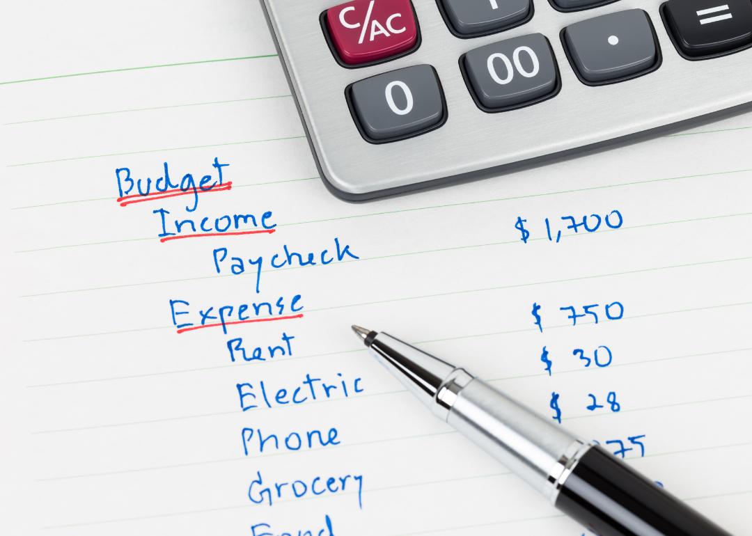 A handwritten home budget with a calculator next to it.