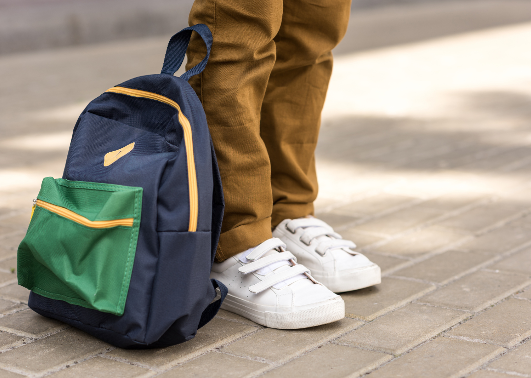 Child's shoes with a backpack leaning against their legs.