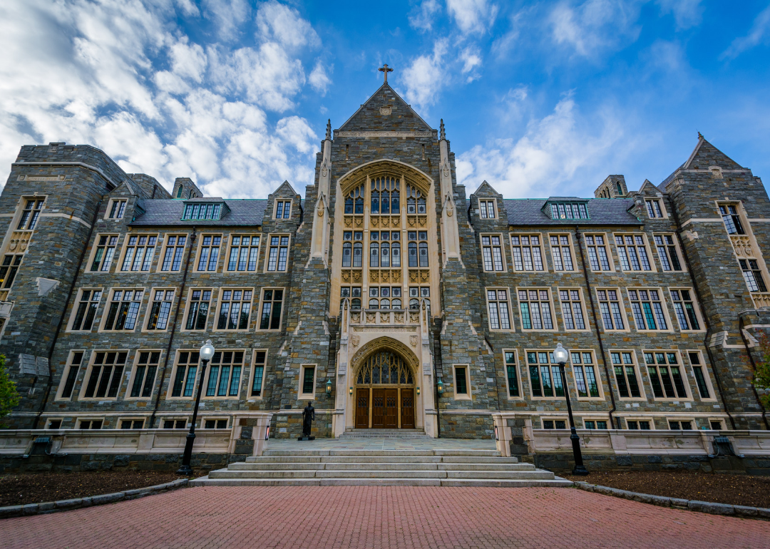 A dark stone historic church.