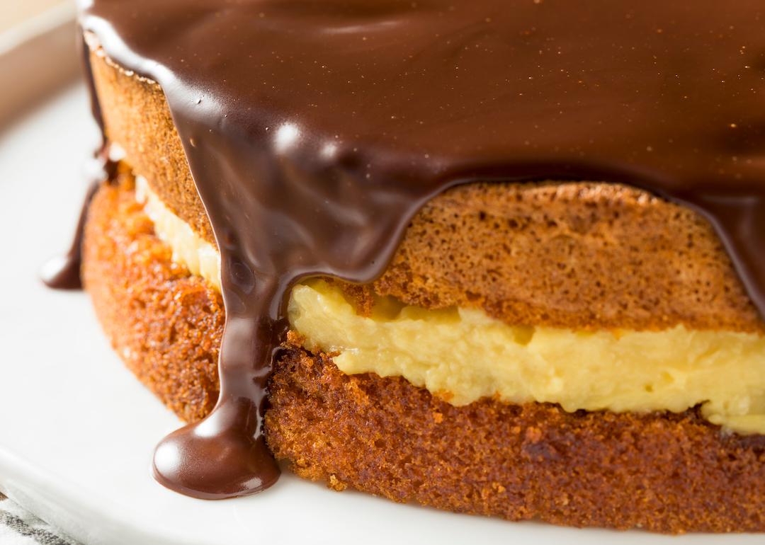 Close-up of chocolate Boston cream pie.