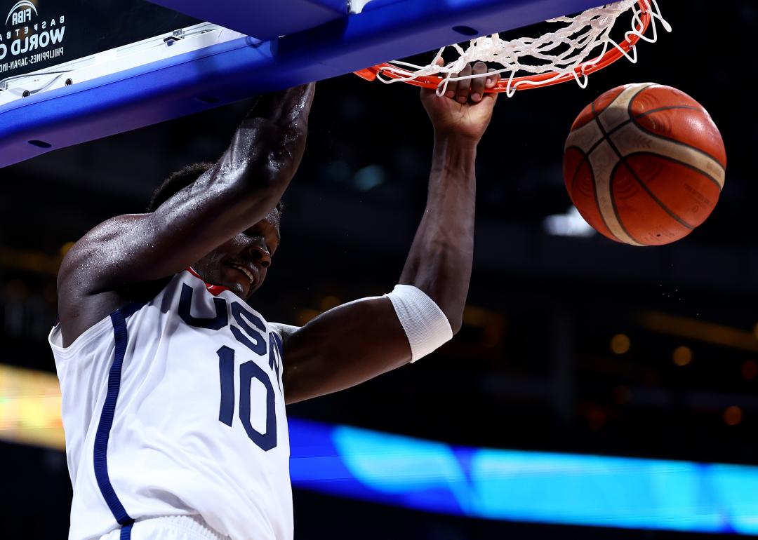 Anthony Edwards #10 of the United States dunks the ball.