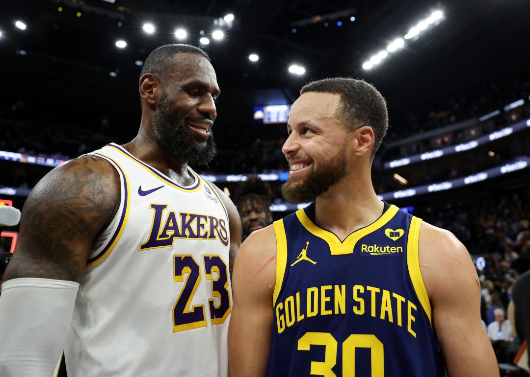 LeBron James of the Los Angeles Lakers and Stephen Curry of the Golden State Warriors talk to each other.