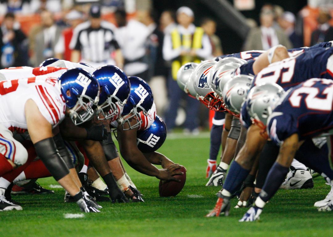 A general view at the line of scrimmage before the snap during Super Bowl XLII.