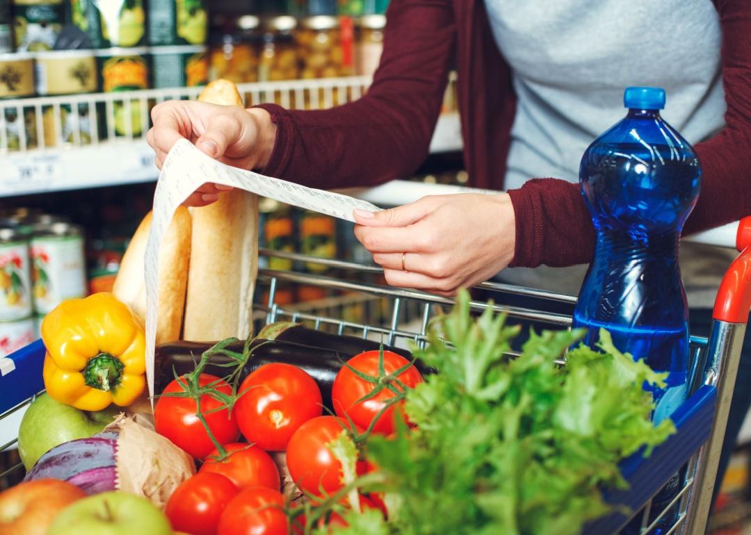 Person shopping at the grocery store with cart.