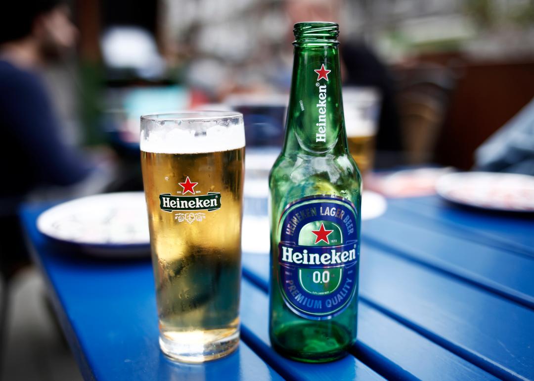 Bottle and glass of Heineken alcohol-free beer.