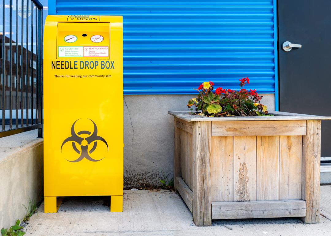 A public drop box for used needles, on a sidewalk by a building.