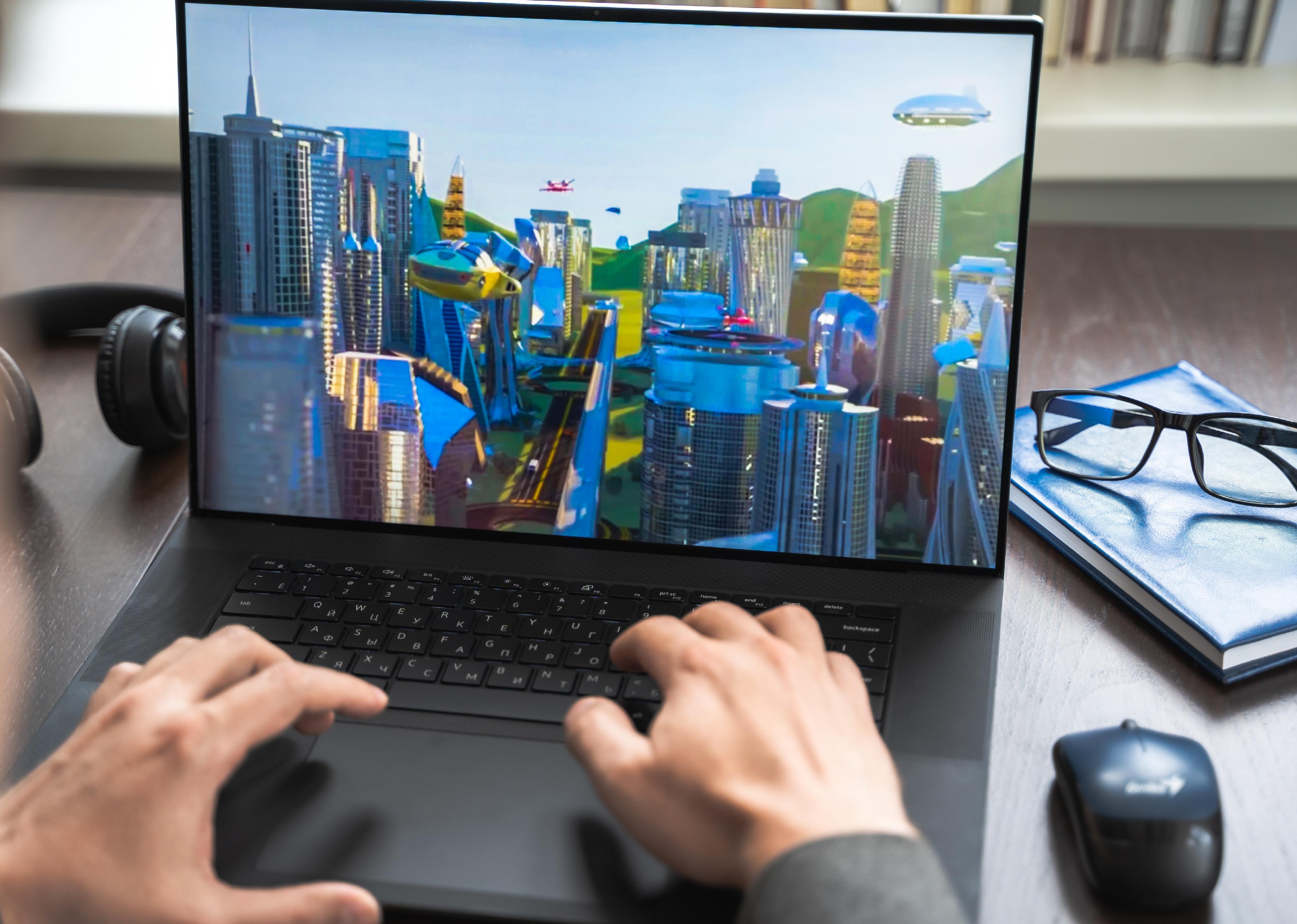Close up of man hands on computer in metaverse