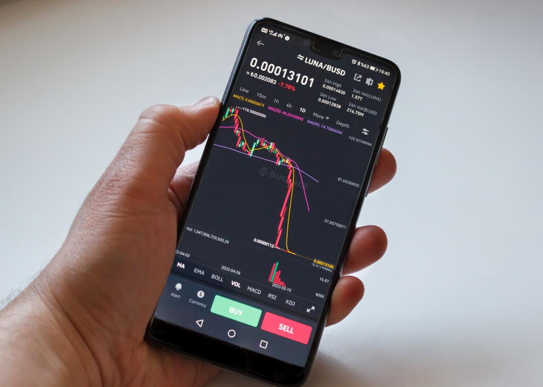 Smartphone with cyrptocurrency app screen in a man's hand.