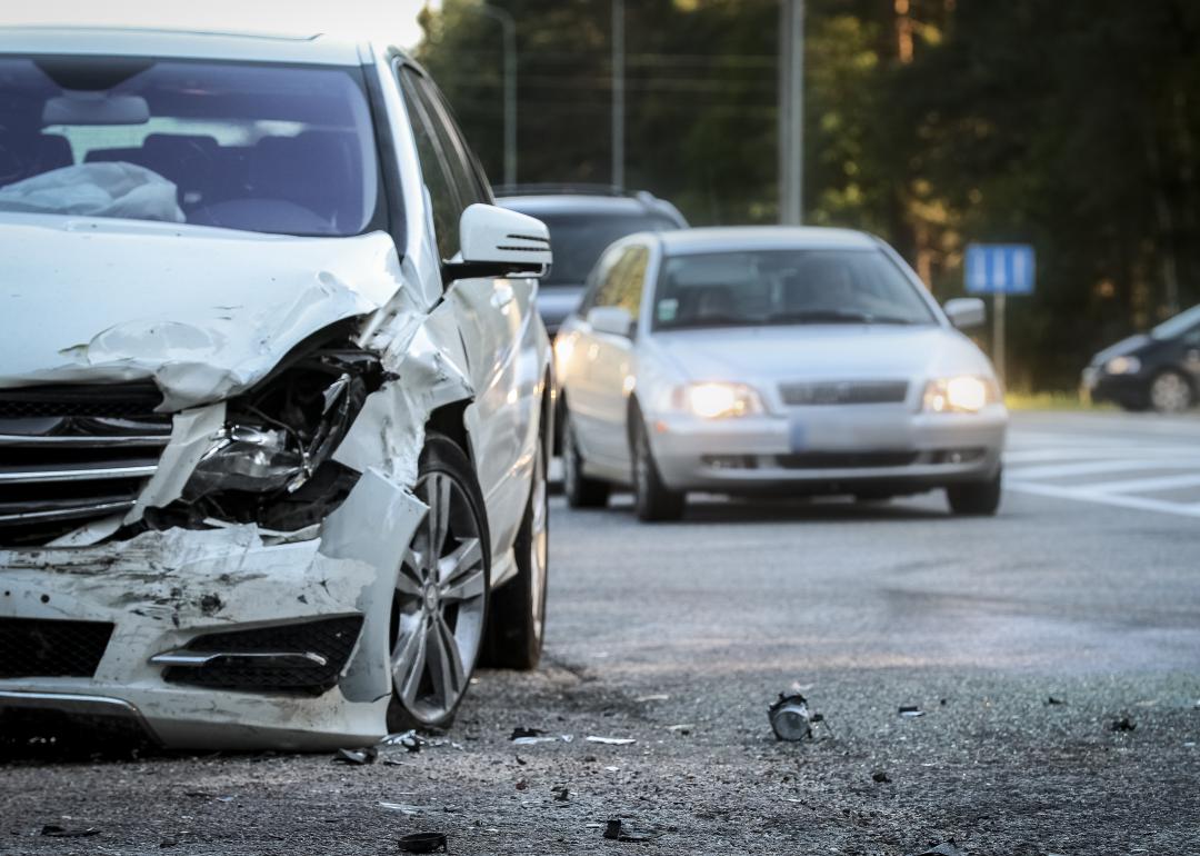 Front of a car damaged by an accident.
