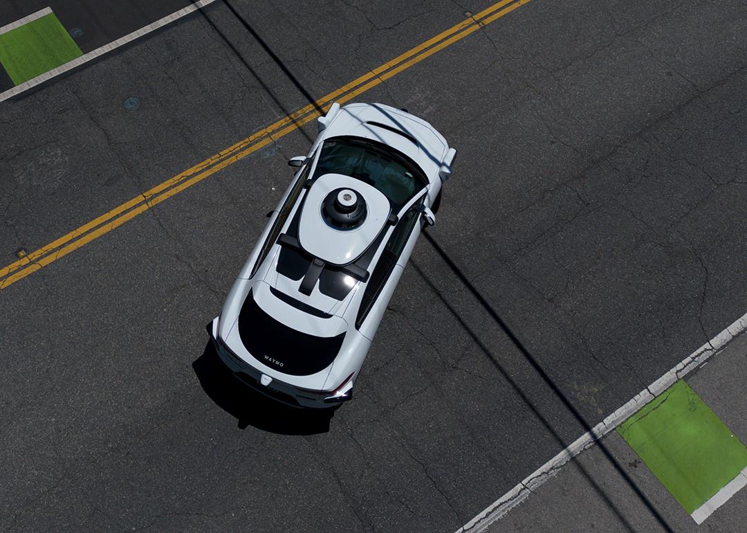 An aerial view of a Waymo vehicle on a street in Santa Monica, California.