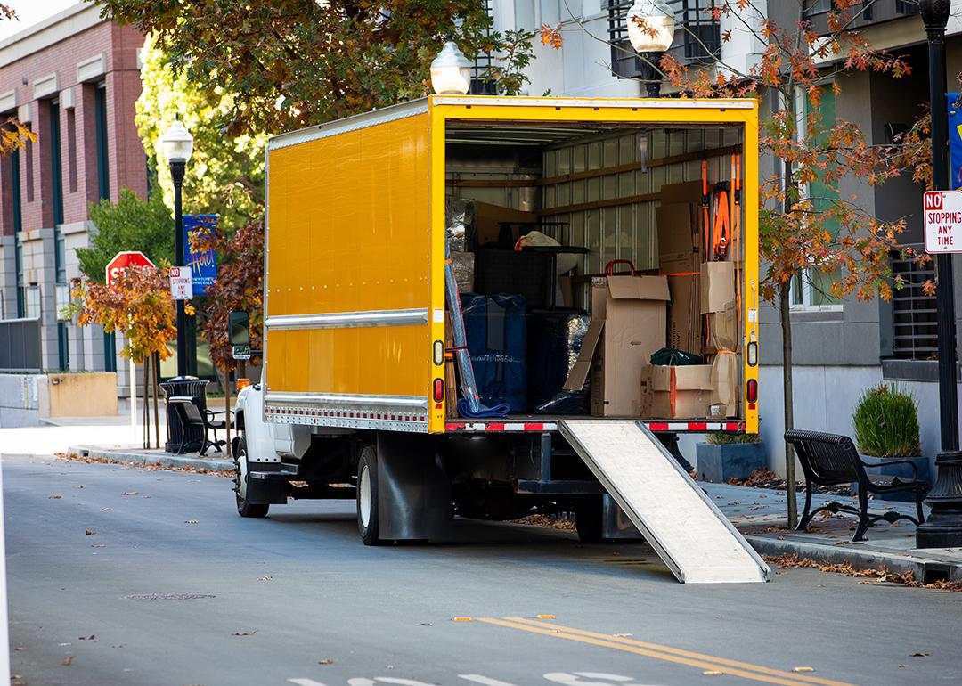 A moving truck parked on a residential street in Sunnyvale, California.