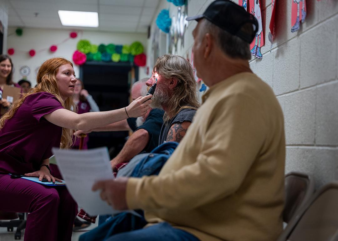  Optometry students administer vision tests to patients at a mobile dental and medical clinic in Grundy, Virginia.