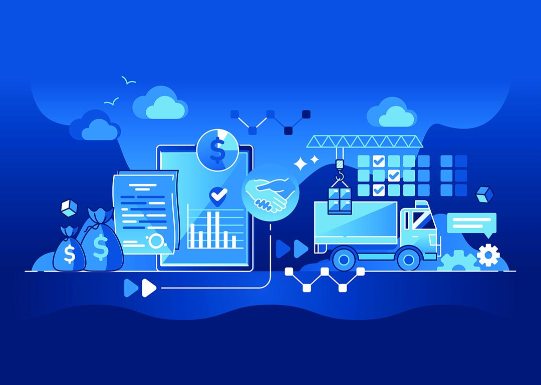 Vector illustration of procurement and product supply concept such as trucks, finance reports, files.