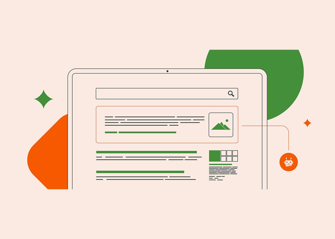 Vector illustration of a webpage and concept of SEO and AI.