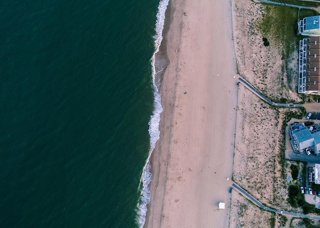 An aerial sunset view of Dewey Beach in Lewes, Delaware.