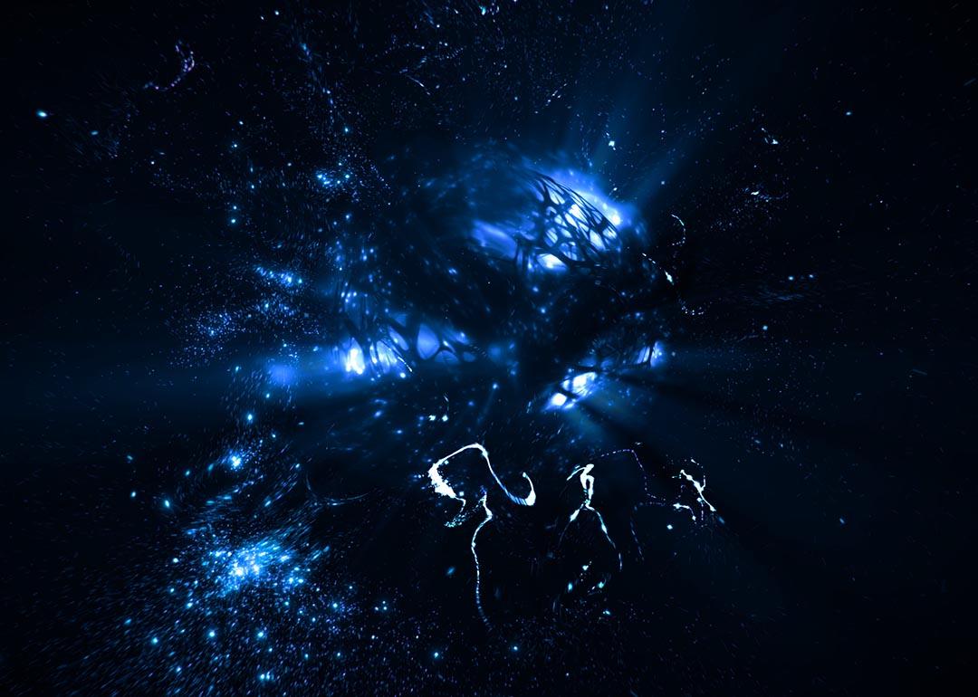 Concept 3D illustration for Elementary particle core of rotating sub atomic quantum matter with orbiting neutrinos. 