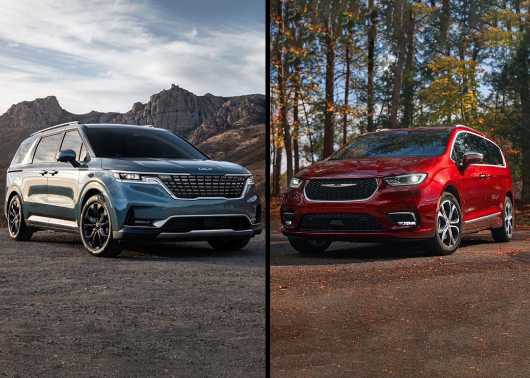 Composite image of 2024 minivans with blue Kia Carnival on the left and Red Chrysler Pacifica on the right, parked outside in nature.