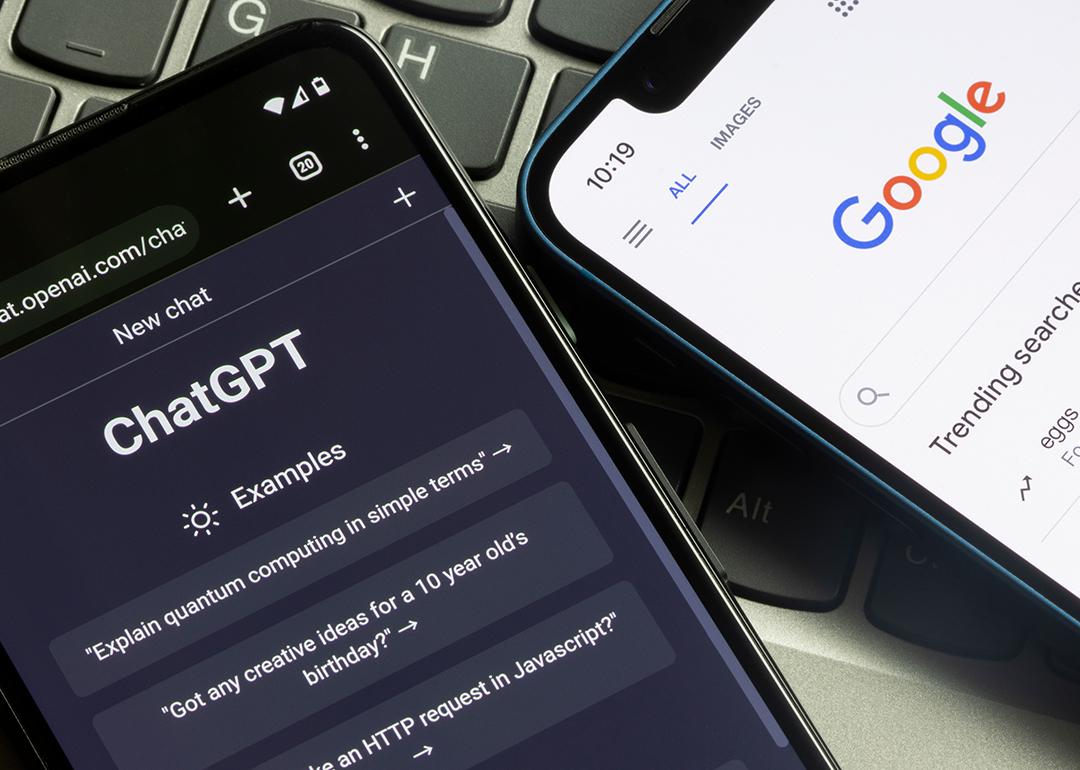Phones side-by-side with open tabs showing ChatGPT and Google.