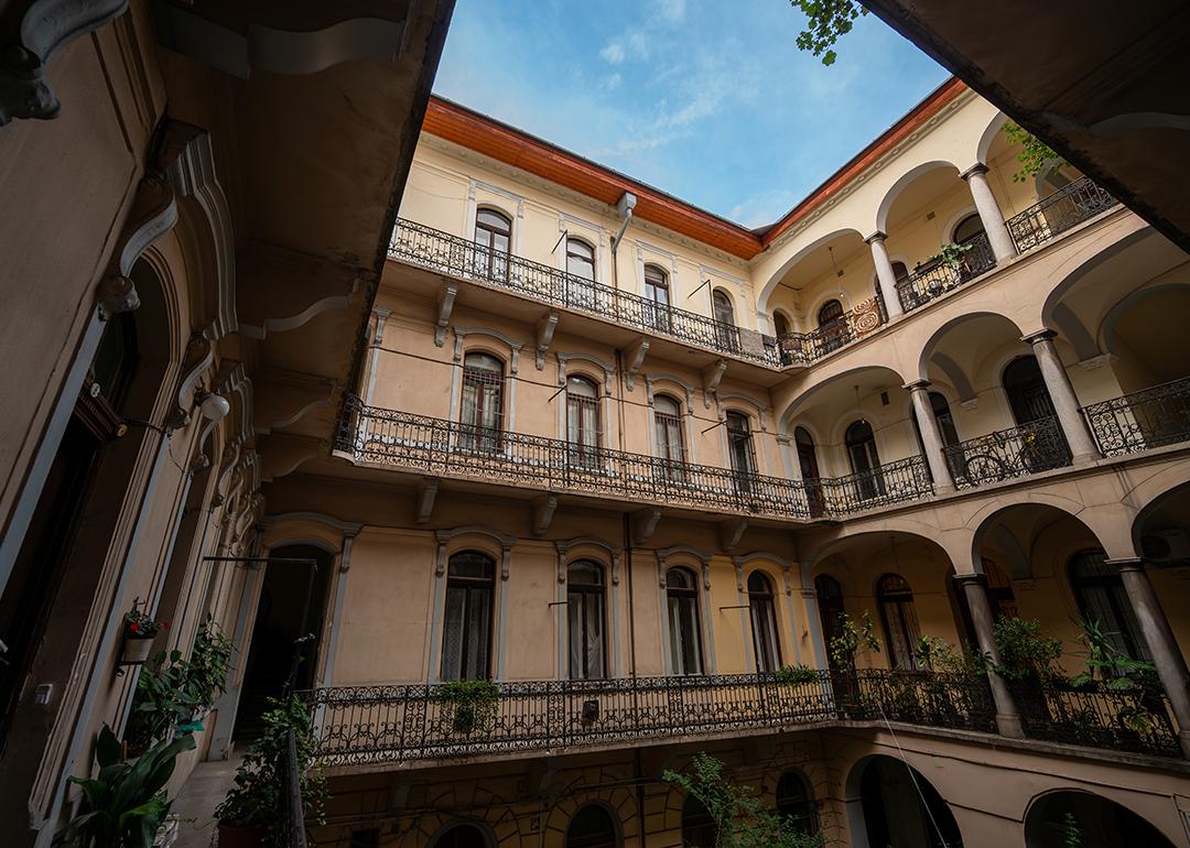 View of the balconies of a residential building in Budapest, Hungary.