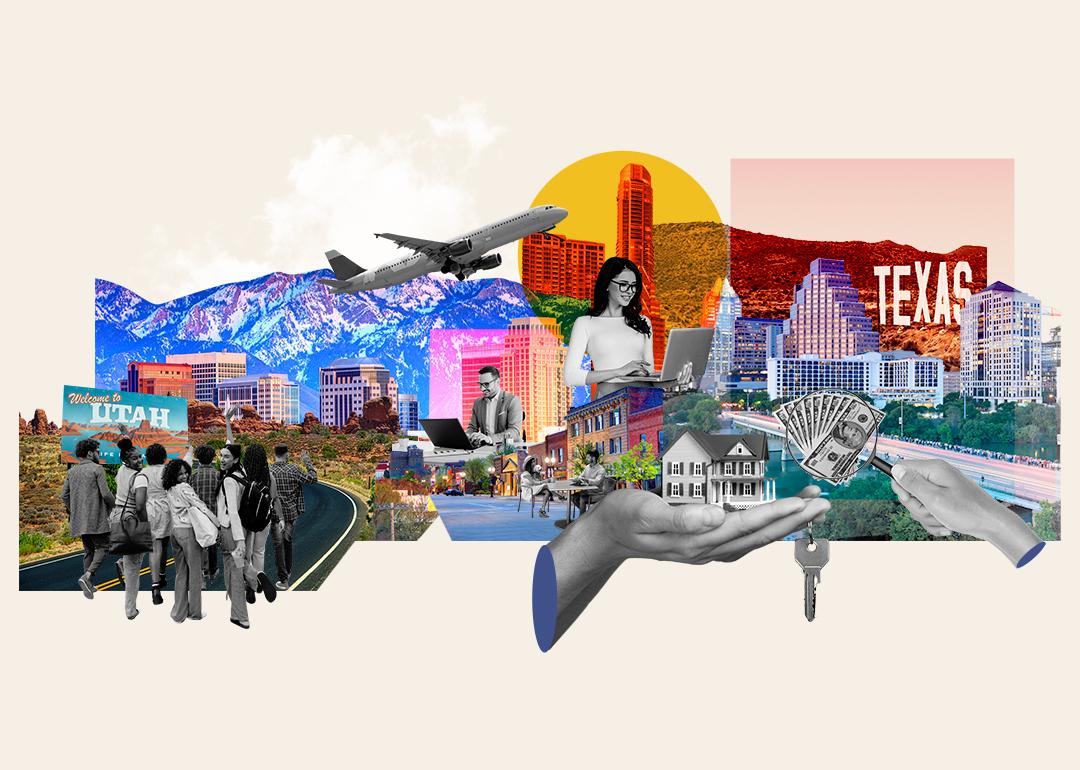 Collage graphic featuring famous landmarks of some of the top US cities and depict a youthful lifestyle and population.