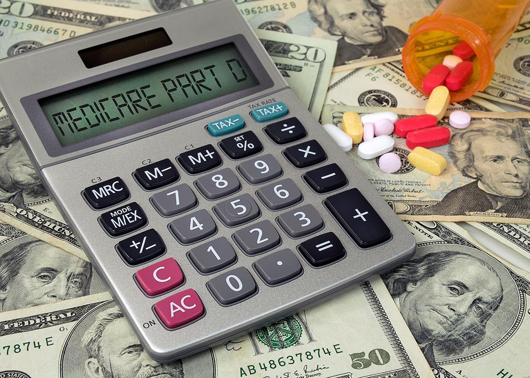 Medicare Part D text on a calculator with prescription pills spilling from bottle on top of US banknotes.