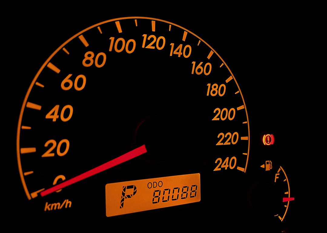 A car's orange-colored speed odometer displaying 80,088km.