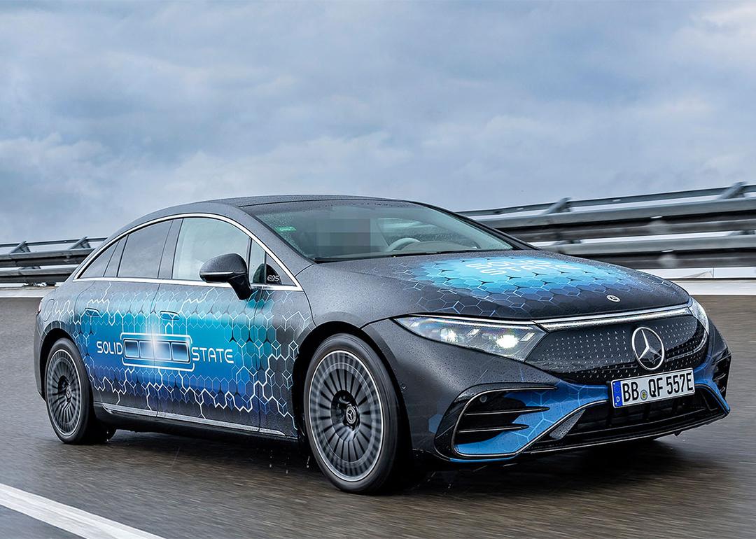 An EV designed with solid-state decal on a road.