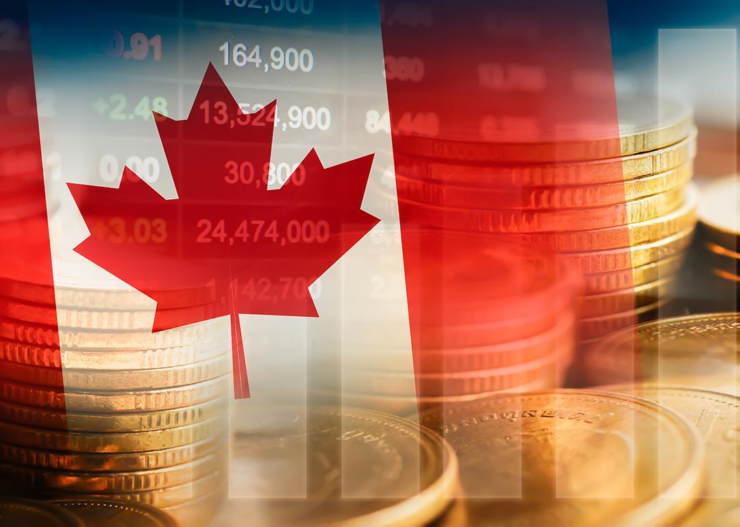 Canadian flag with an overlay of stock market graphics.
