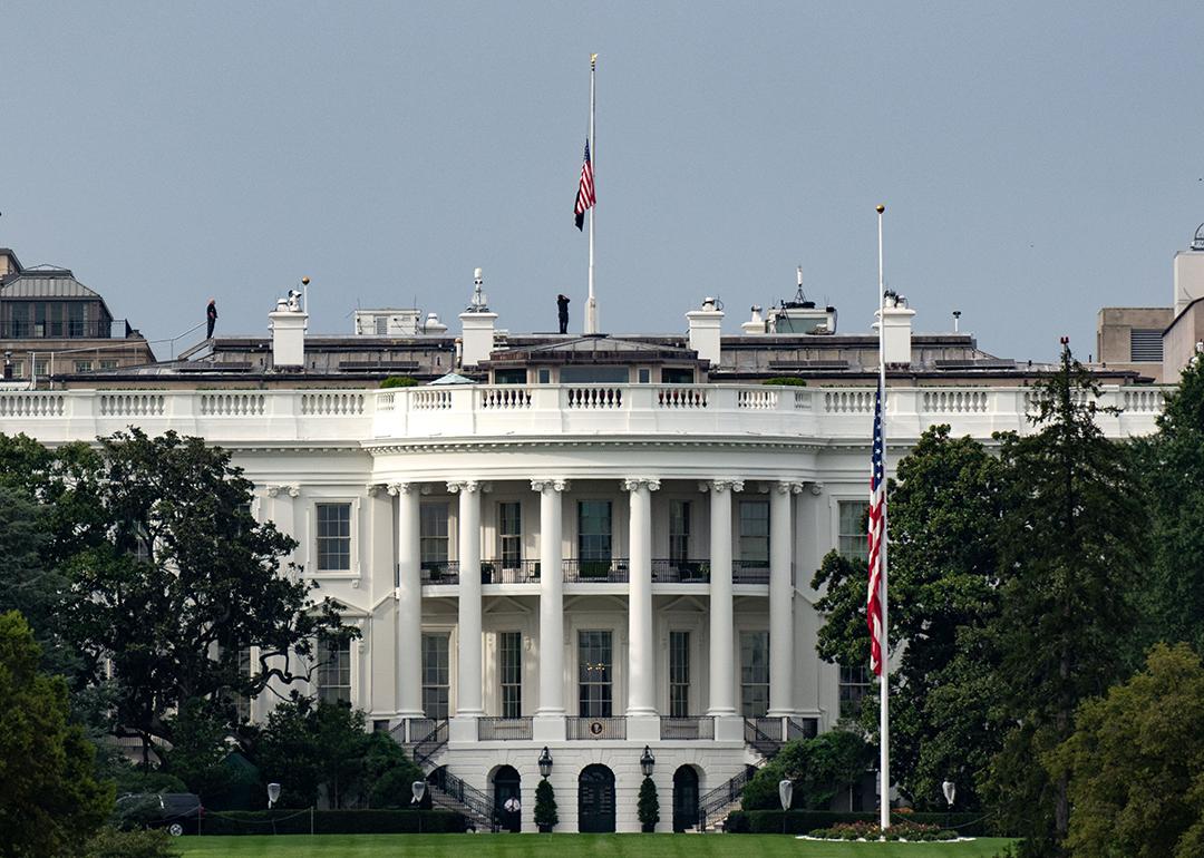The US flag atop the White House lowered to half-staff after political activist Charlie Kirk had died on September 10, 2025 in Washington, DC.