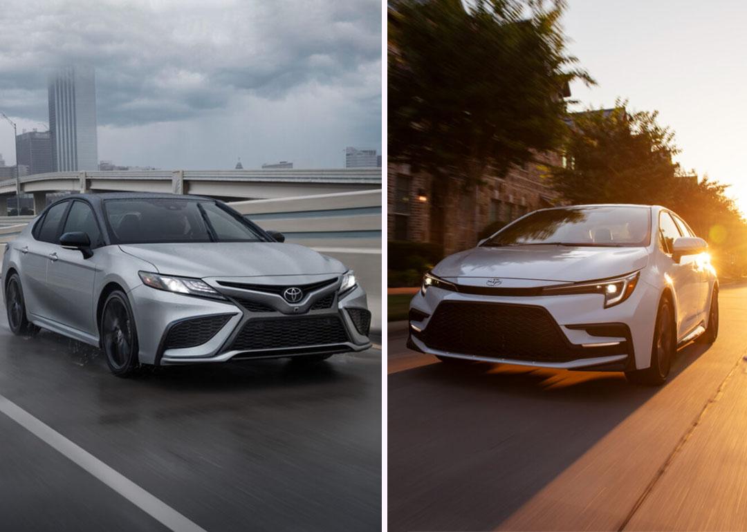 Composite photo front end view of 2024 Camry on the left and Corolla on the right.