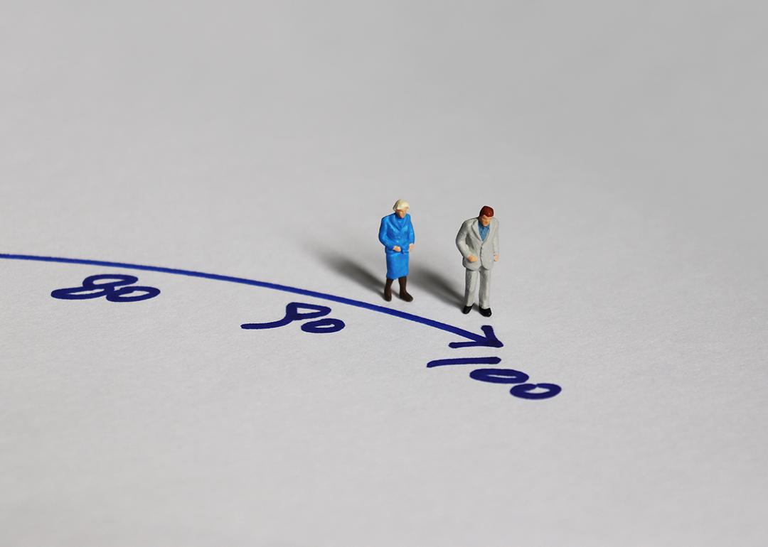 A miniature of an old couple walking towards the figure 100.