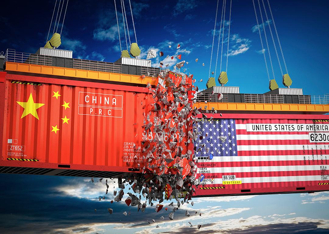 A 3d illustration of clashing cargo containers branded with flags of China and USA.