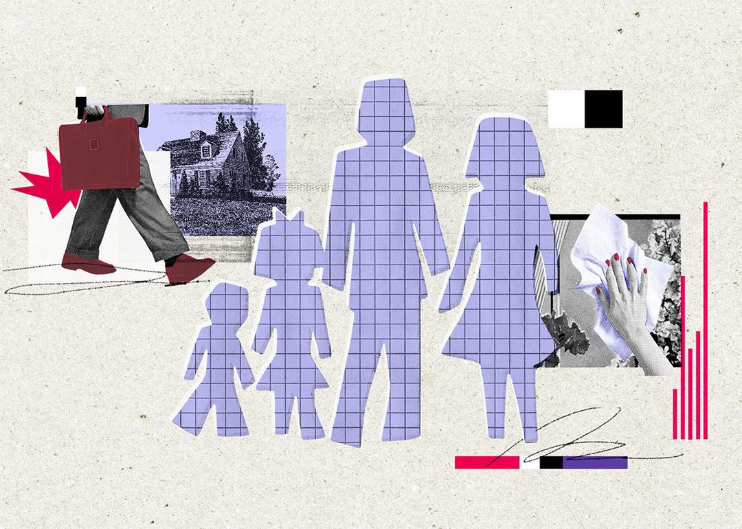 A collage of cutouts and graphics of a traditional four-member family.