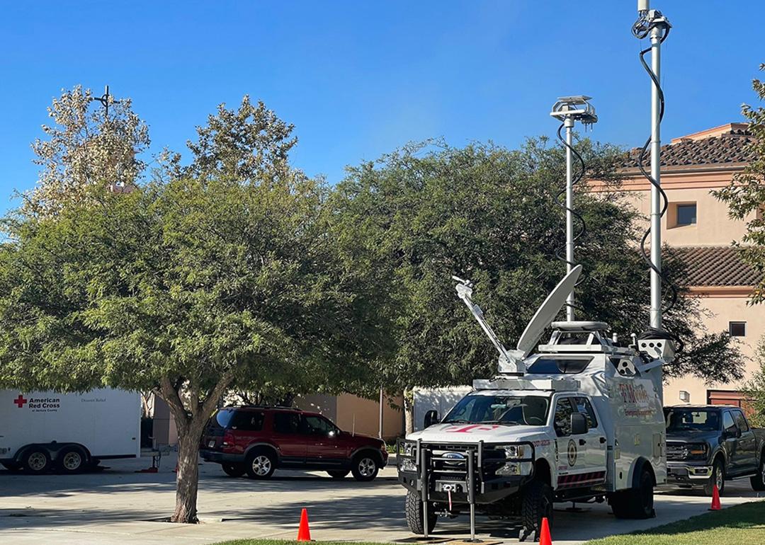 A T-Mobile SatCOLT or Satellite Cells on Light Truck parked on an American Red Cross lot.