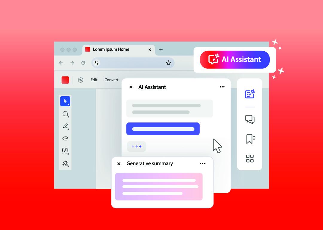 Illustration of a .pdf reader app with AI assistant features.