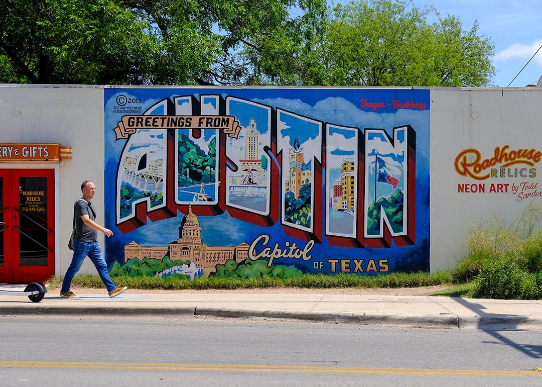 The 'Greetings from Austin' postcard mural in South Congress in Austin, Texas.