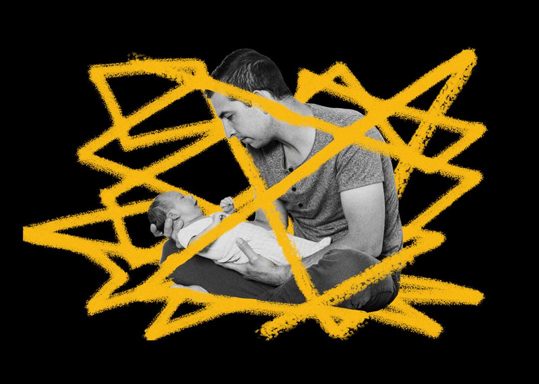 A custom graphic of a father holding his newborn baby illustrated with tangled lines.