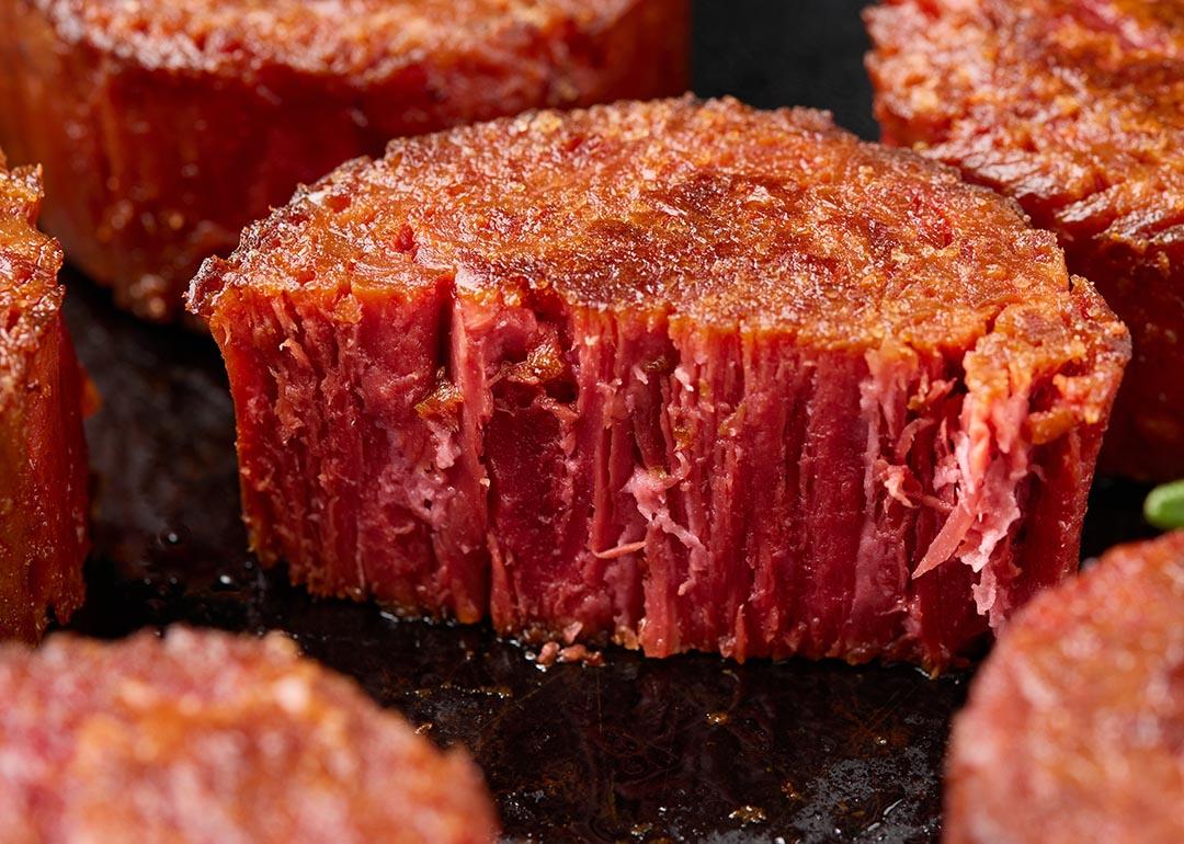 Pan grilled, plant-based vegan meat steak with herbs. 