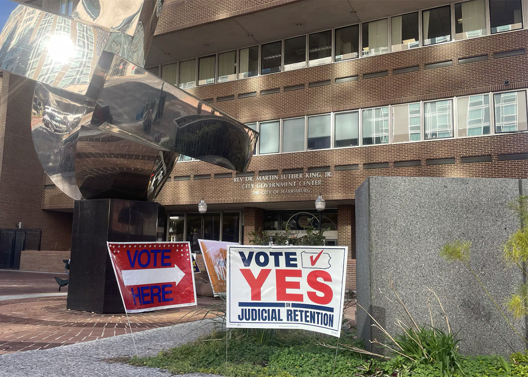 A sign urging voters to vote yes on judicial retention outside a polling place in Harrisburg, Pennsylvania, on Election Day.