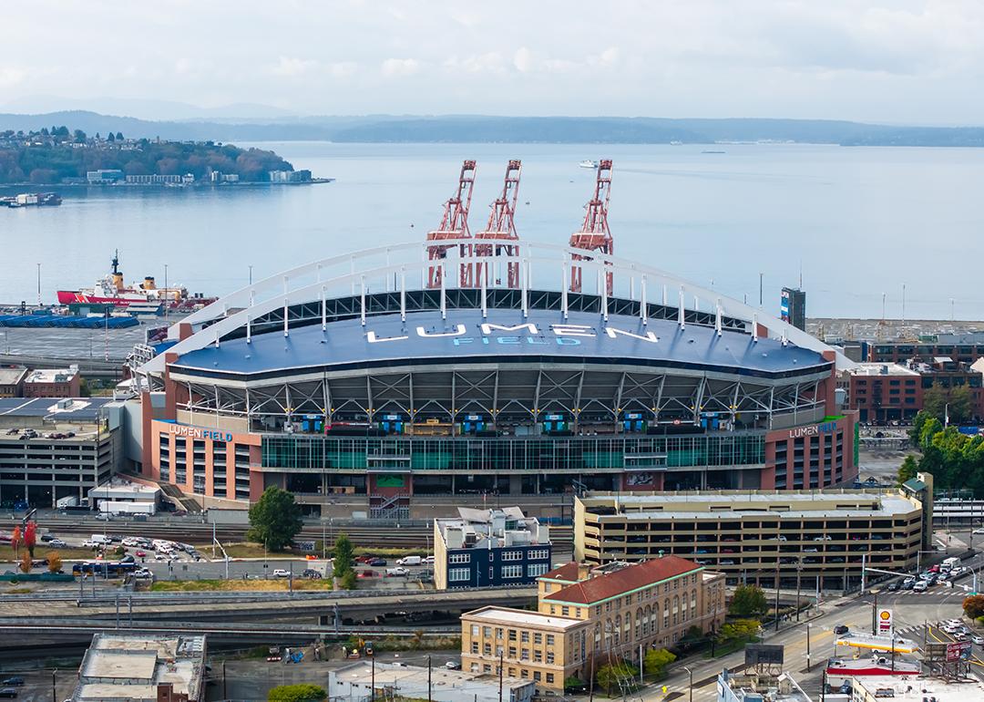 Aerial view of Lumen Field Stadium in Seattle, Washington.