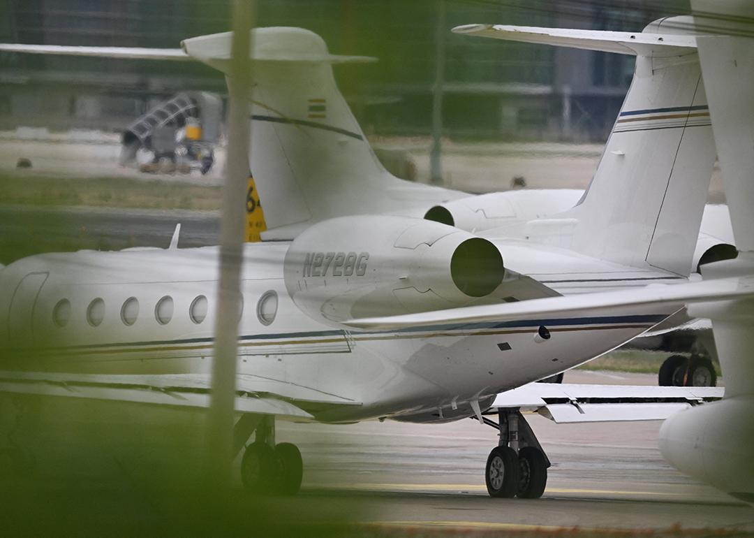 A view from behind of Tesla CEO, Elon Musk's private plane preparing to take off at Beijing Capital International Airport in China.