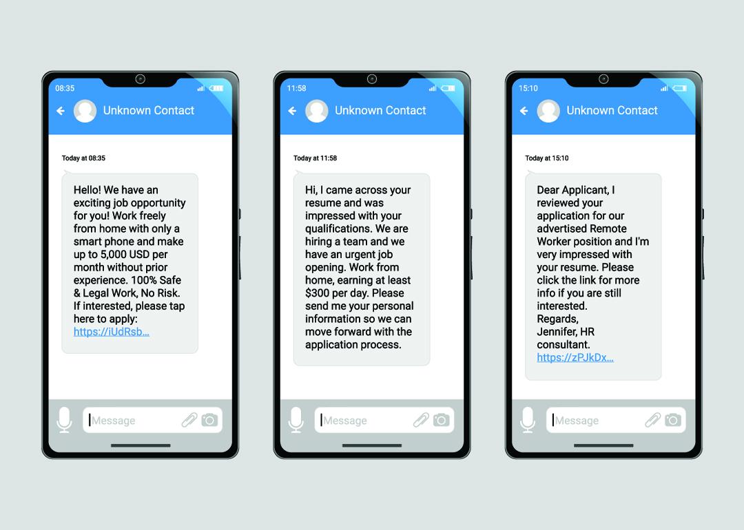 Three examples of scam job offer text messages from an unknown contact.