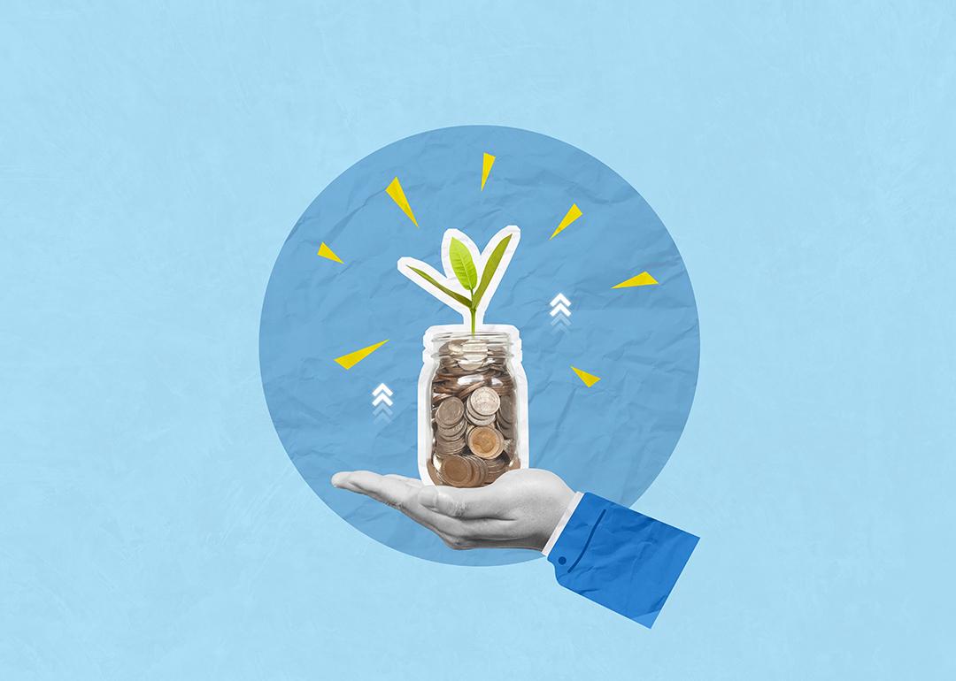 A custom collage illustration of a hand holding a jar of coins growing a plant against a blue background.