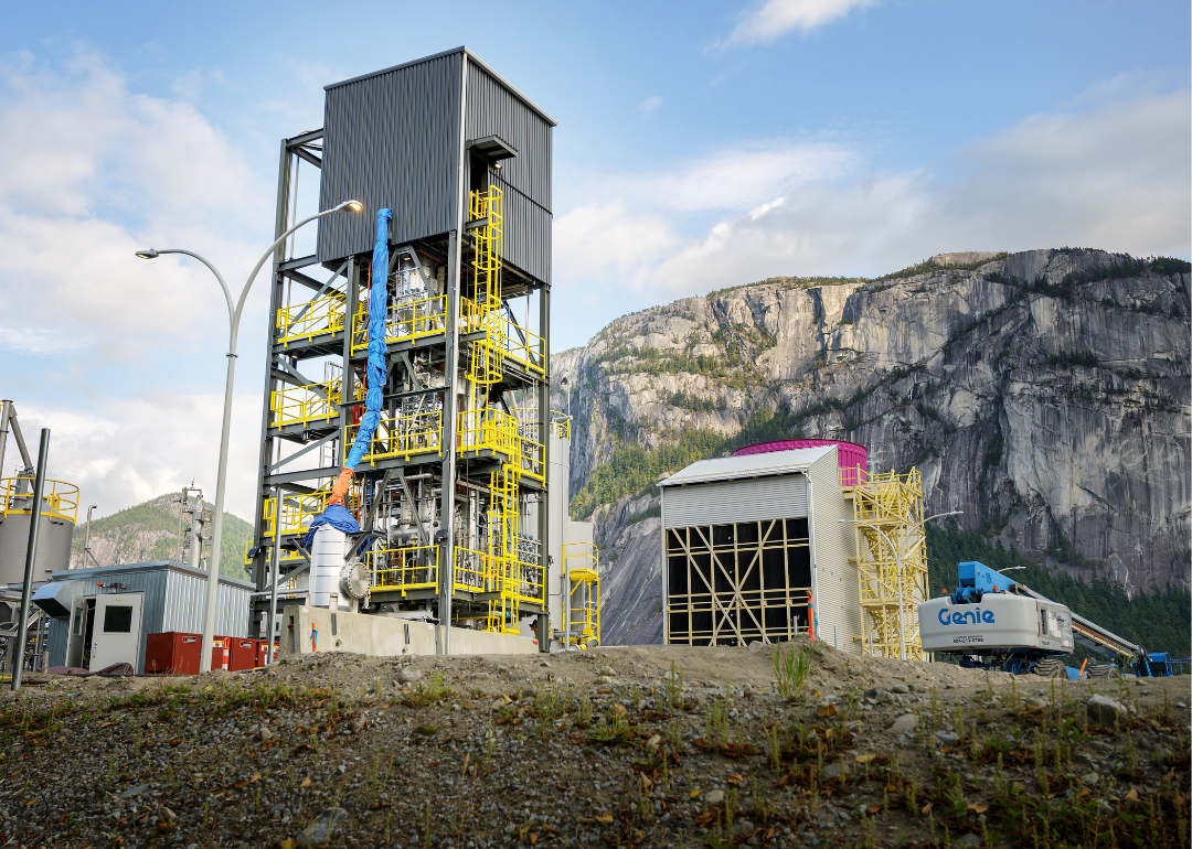 The Carbon Engineering Direct Air Capture carbon capture plant with the Squamish Chief mountain in the background in British Columbia, Canada.