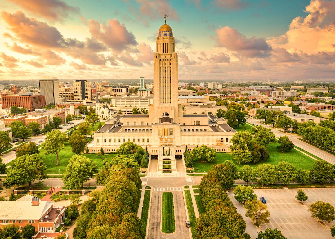 The skyline of Lincoln, Nebraska, featuring the Nebraska State Capitol.