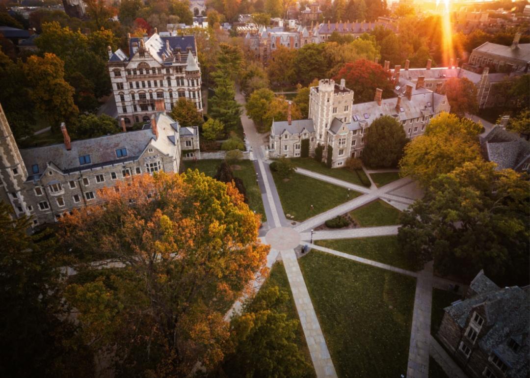 An aerial view of sunrise over Princeton University.
