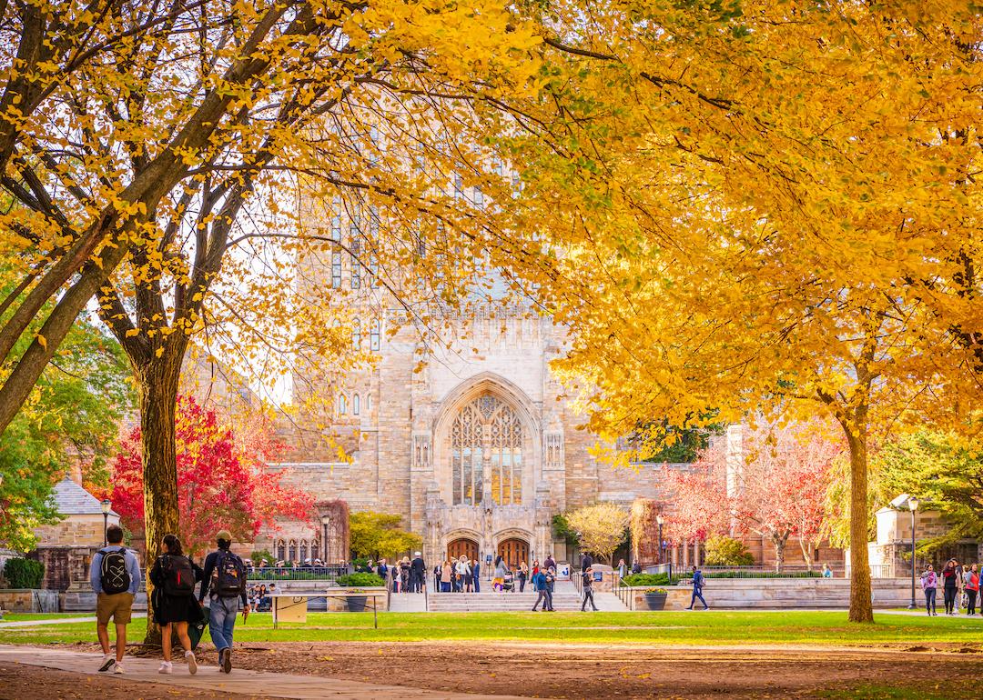 Beautiful fall colors outside Sterling Memorial Library at Yale University.