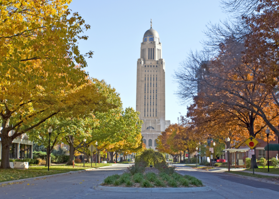 Statehouse in Lincoln in autumn.