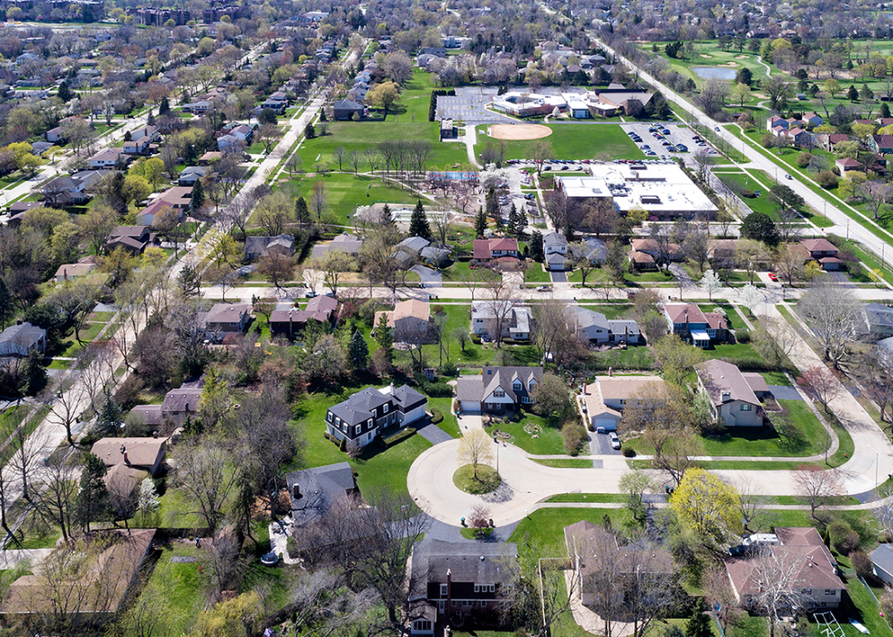 Aerial view of a neighborhood in the suburban Chicago.