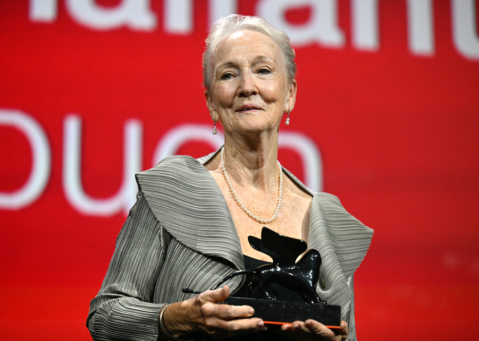 Kathleen Chalfant poses with the Orizzonti Award for Best Actress in 'Familiar Touch’.